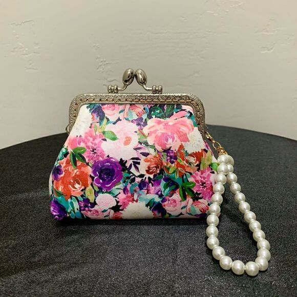Vintage Handsewn Genuine Leather Floral Print Kisslock Purse & Small clutch Set - Picture 11 of 16